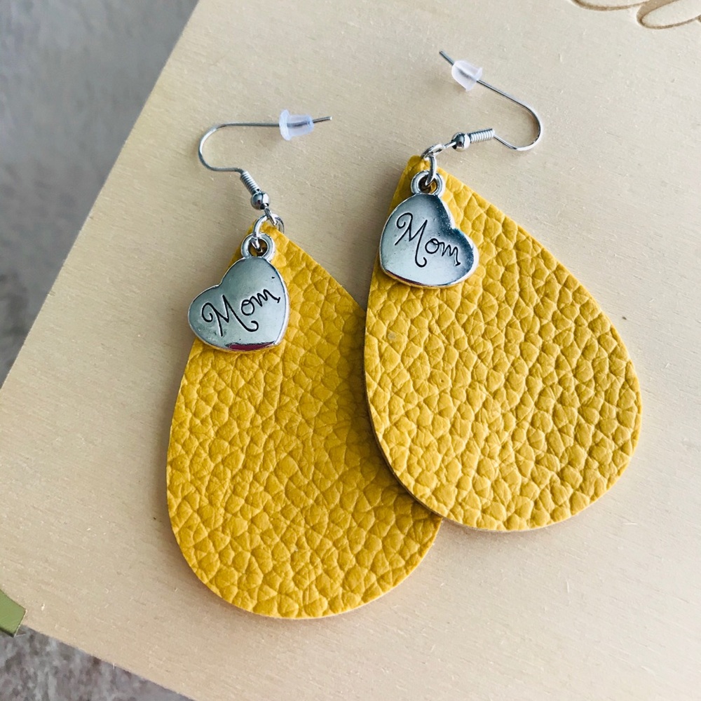 Leather “mom” earring with silver charm